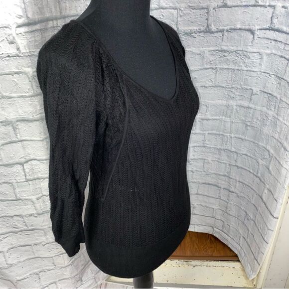 V-neck 3/4 sleeve open knit sweater black sz small - Picture 4 of 8